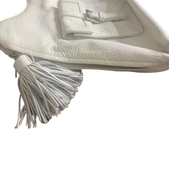 White Genuine Leather Brooks Brothers Tassel Zipper Gusset Handbag - Picture 6 of 16